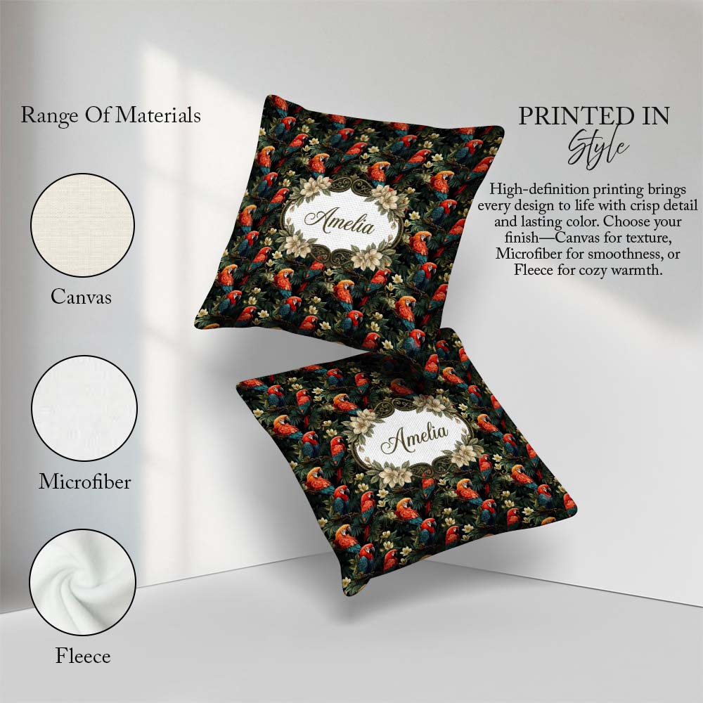Custom Name Colorful Macaw Parrot Jungle Leaves Seamless Pattern Square Filled Cushion Throw Pillow Sofa Bed Home Decor Zip Washable UK Made