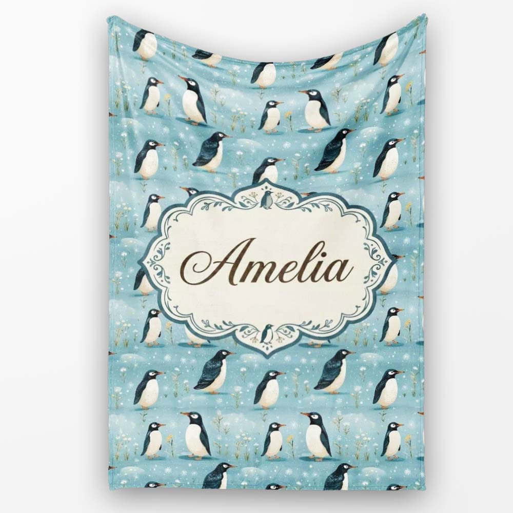 Cute Penguin Birds Snowy Winter Landscape Seamless Pattern Name Personalised Custom Name Super Soft Fleece Blanket Bed Sofa Throw