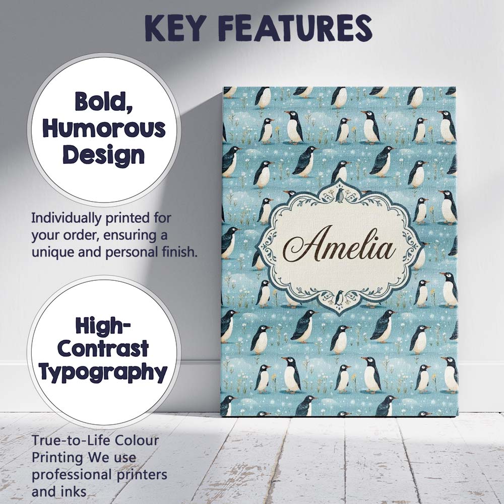Personalised Name Cute Penguin Birds Snowy Custom Unique Gift Idea Elegant Feature Canvas Wall Art Print Decor Picture Ready to Hang