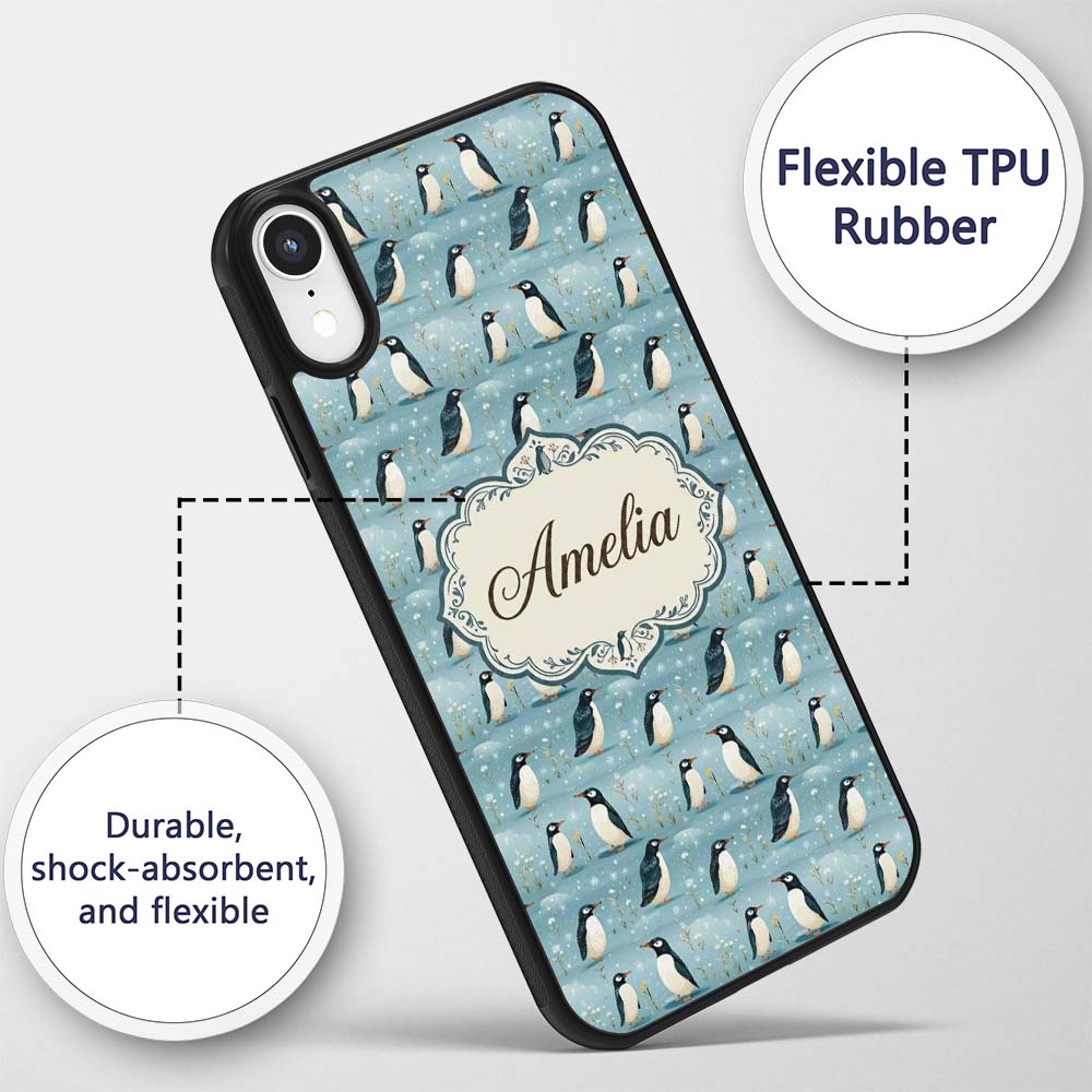 Cute Penguin Birds Snowy Winter Printed Design Custom Name Protective Phone Case Mobile Cover Durable Everyday Smartphone Shock Resistant