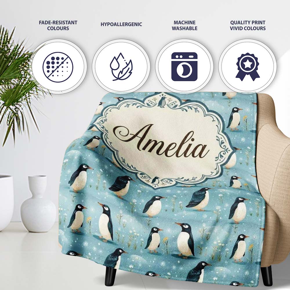 Cute Penguin Birds Snowy Winter Landscape Seamless Pattern Name Personalised Custom Name Super Soft Fleece Blanket Bed Sofa Throw
