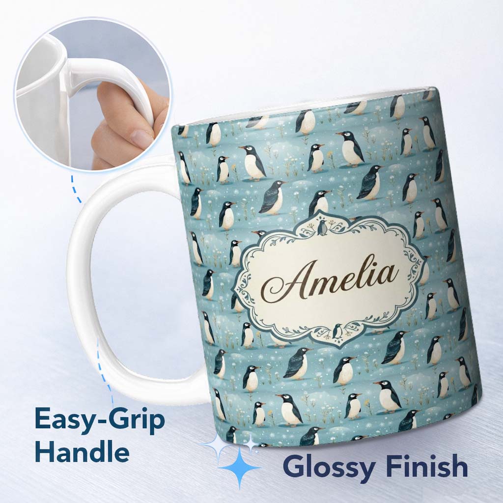 Personalized Custom Name Cute Penguin Birds Snowy Winter Landscape Seamless Pattern Name 11oz Ceramic Coffee Tea Mug White Large Handle