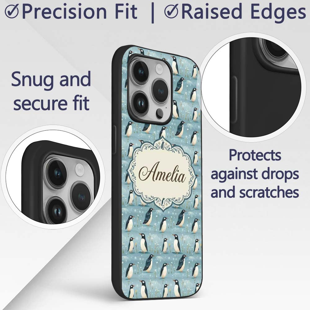 Cute Penguin Birds Snowy Winter Printed Design Custom Name Protective Phone Case Mobile Cover Durable Everyday Smartphone Shock Resistant