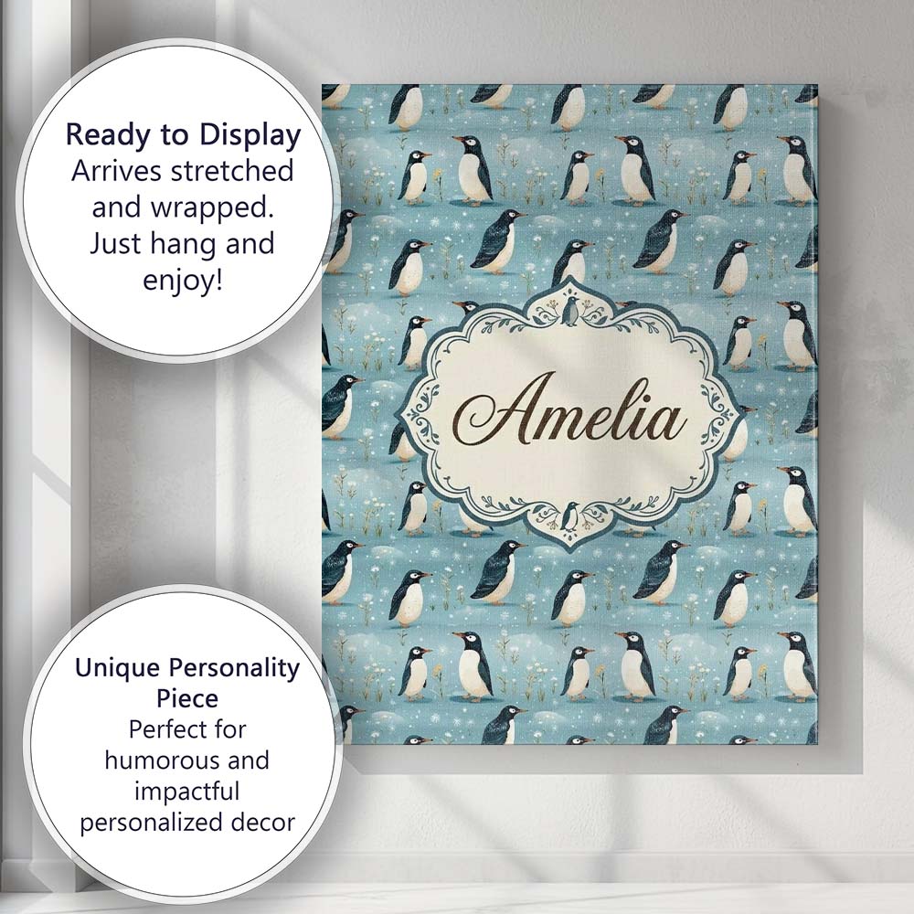 Personalised Name Cute Penguin Birds Snowy Custom Unique Gift Idea Elegant Feature Canvas Wall Art Print Decor Picture Ready to Hang