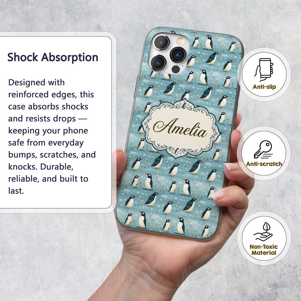 Cute Penguin Birds Snowy Winter Printed Design Custom Name Protective Phone Case Mobile Cover Durable Everyday Smartphone Shock Resistant