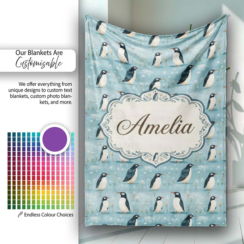 Cute Penguin Birds Snowy Winter Landscape Seamless Pattern Name Personalised Custom Name Super Soft Fleece Blanket Bed Sofa Throw