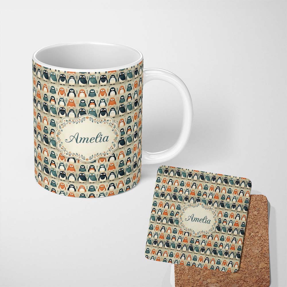 Personalized Custom Name Scandinavian Cute Penguin Characters Folk Art Seamless Pattern 11oz Ceramic Coffee Tea Mug White Large Handle