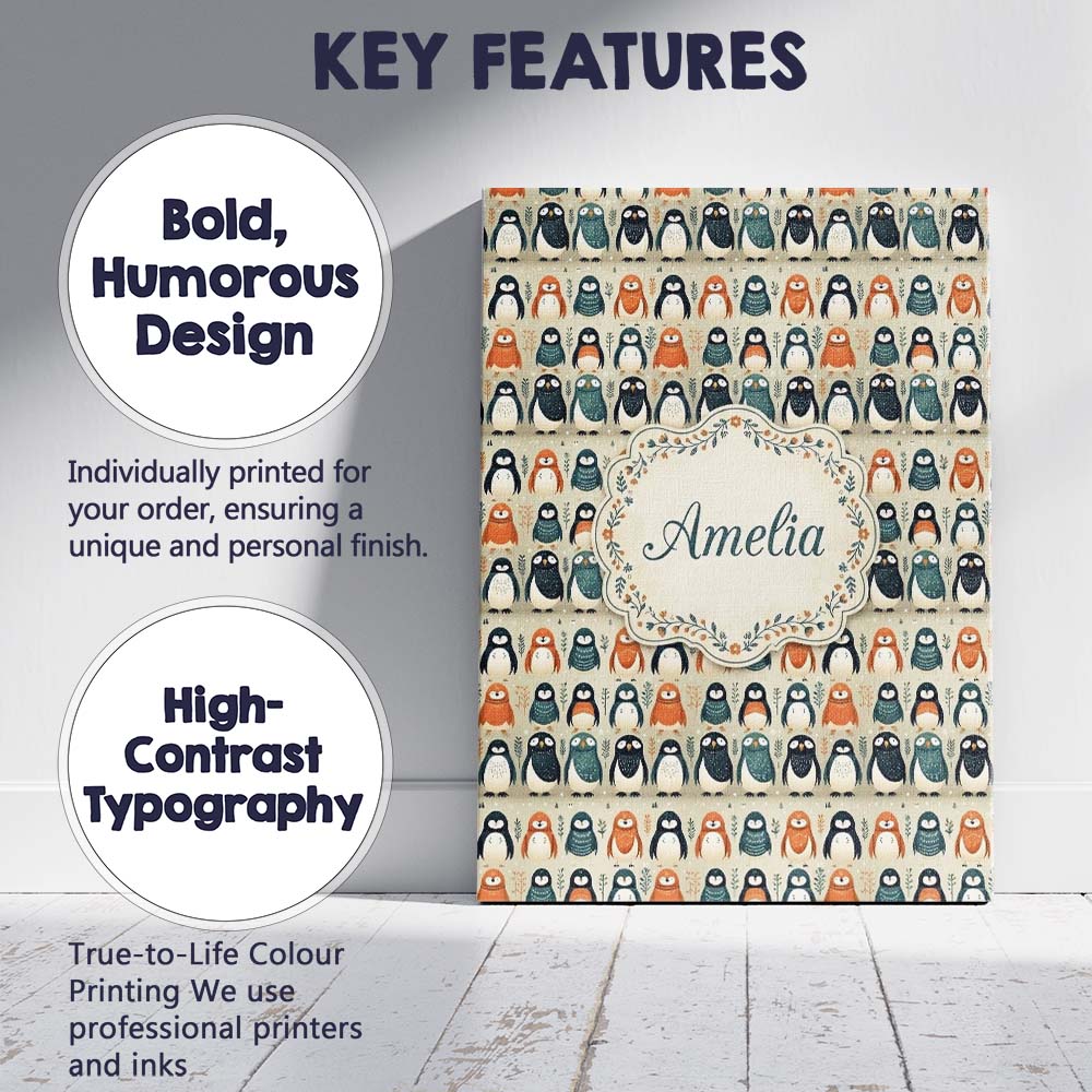 Personalised Name Scandinavian Cute Penguin Custom Bespoke Interior Contemporary Canvas Wall Art Print Decor Picture Ready to Hang