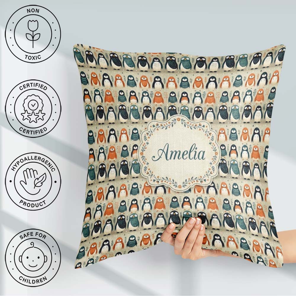 Custom Name Scandinavian Cute Penguin Folk Art Seamless Pattern Square Filled Cushion Throw Pillow Sofa Bed Home Decor Zip Washable UK Made
