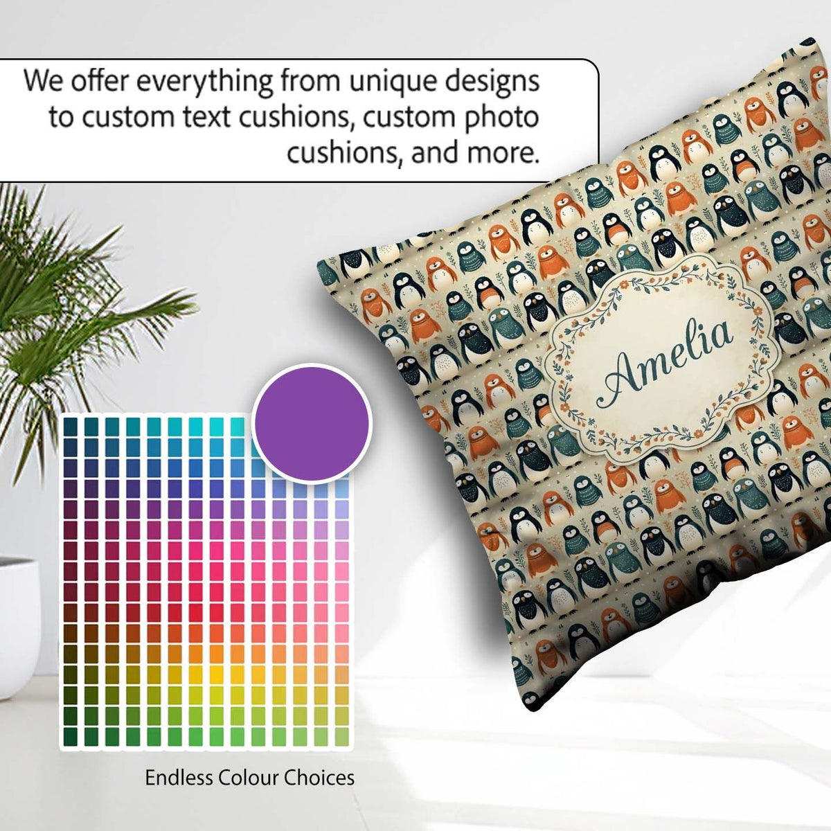 Custom Name Scandinavian Cute Penguin Folk Art Seamless Pattern Square Filled Cushion Throw Pillow Sofa Bed Home Decor Zip Washable UK Made