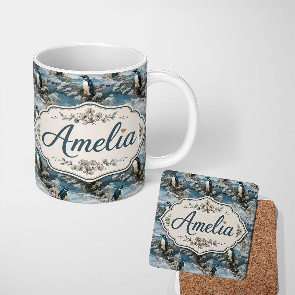 Personalized Custom Name Vintage Penguin Winter Nature Scene Seamless Pattern Name Cute 11oz Ceramic Coffee Tea Mug White Large Handle