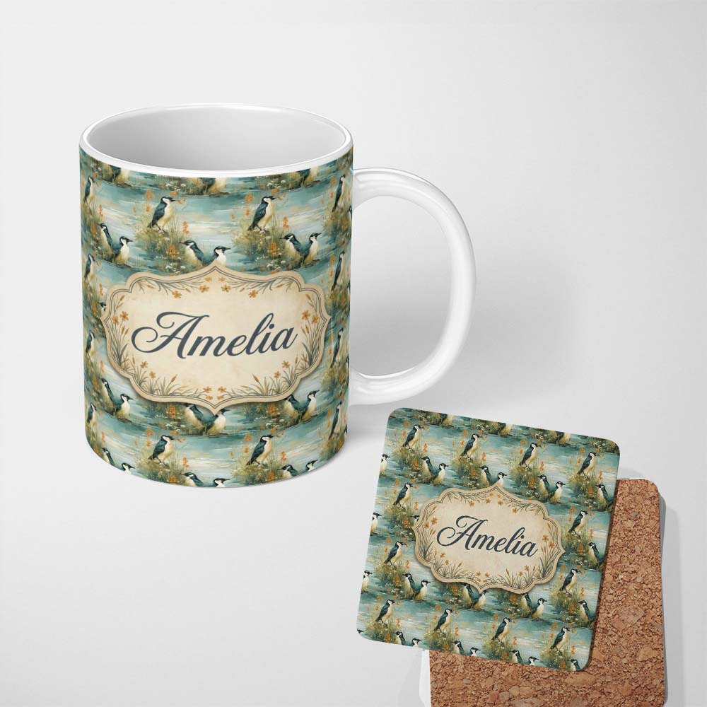 Personalized Custom Name Penguin Birds Lakeside Floral Nature Seamless Pattern Name Cute 11oz Ceramic Coffee Tea Mug White Large Handle