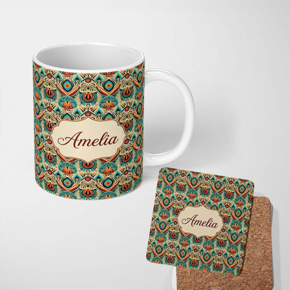 Personalized Custom Name Tribal Geometric Boho Ethnic Pattern Seamless Design Name Cute 11oz Ceramic Coffee Tea Mug White Large Handle