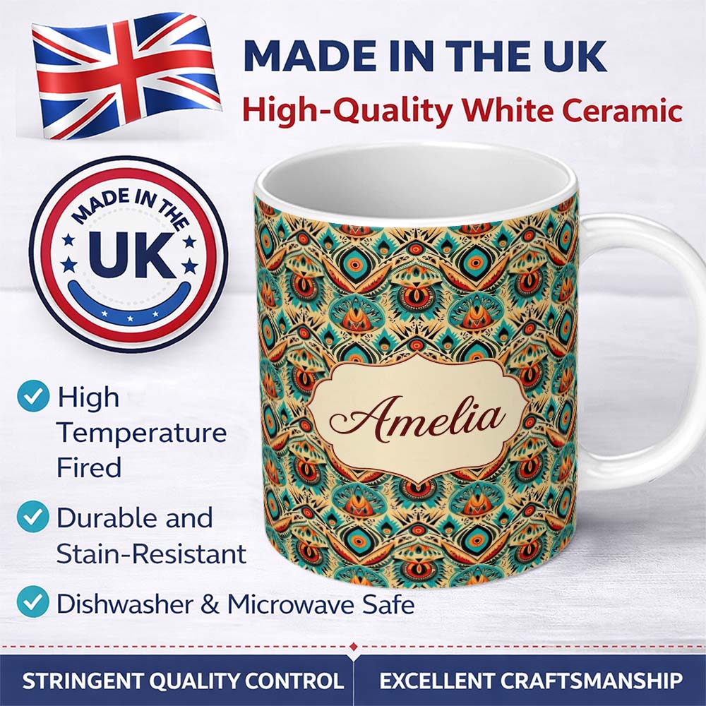 Personalized Custom Name Tribal Geometric Boho Ethnic Pattern Seamless Design Name Cute 11oz Ceramic Coffee Tea Mug White Large Handle