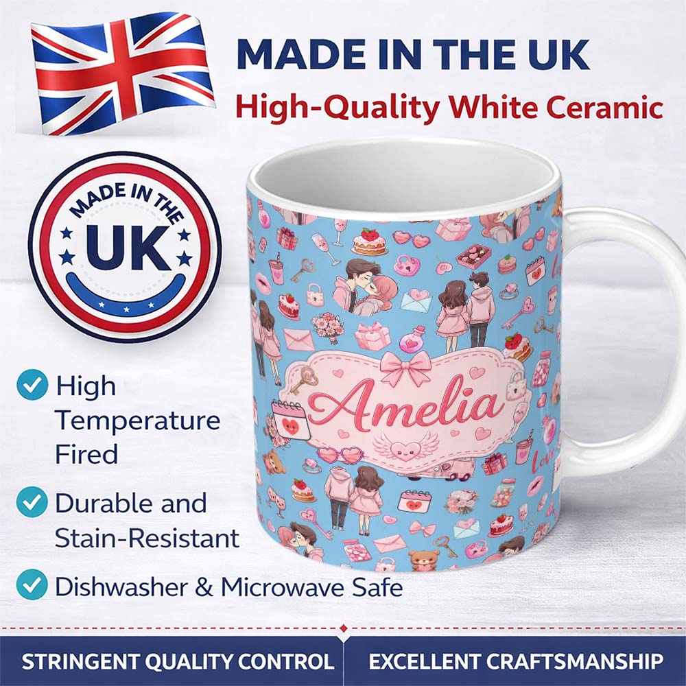 Personalized Custom Name Cute Love Couple Gifts Cakes Teddy Bear Seamless Pattern Blue Lovely 11oz Ceramic Coffee Tea Mug White Large Handle
