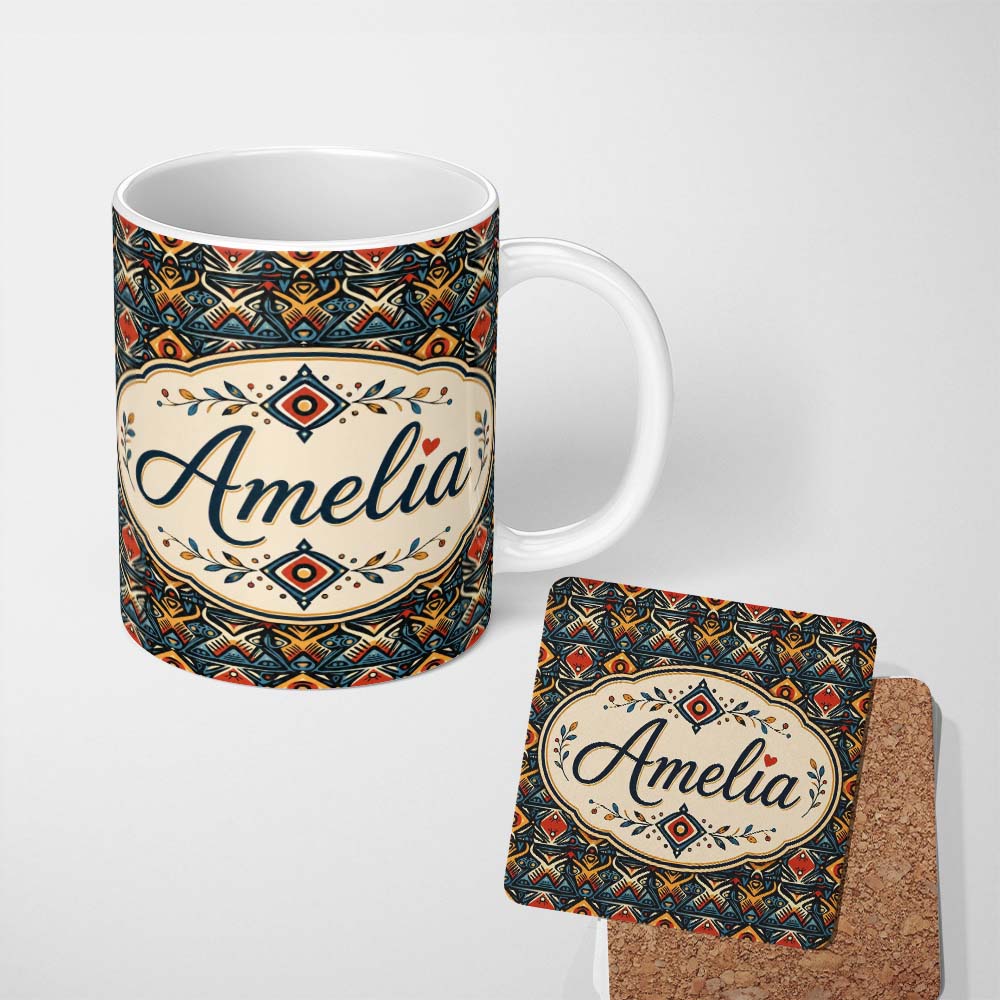 Personalized Custom Name Abstract Tribal Geometric Shapes Seamless Pattern Name Cute Unique 11oz Ceramic Coffee Tea Mug White Large Handle