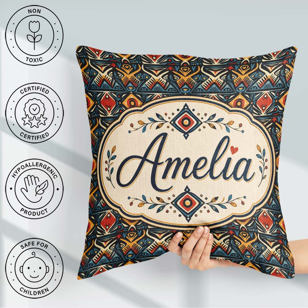 Custom Name Abstract Tribal Geometric Seamless Pattern Name Cute Square Filled Cushion Throw Pillow Sofa Bed Home Decor Zip Washable UK Made