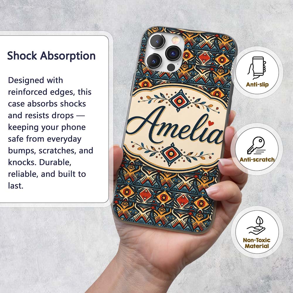 Abstract Tribal Geometric Shapes Seamless Pattern Custom Name Protective Phone Case Mobile Cover Durable Everyday Smartphone Shock Resistant