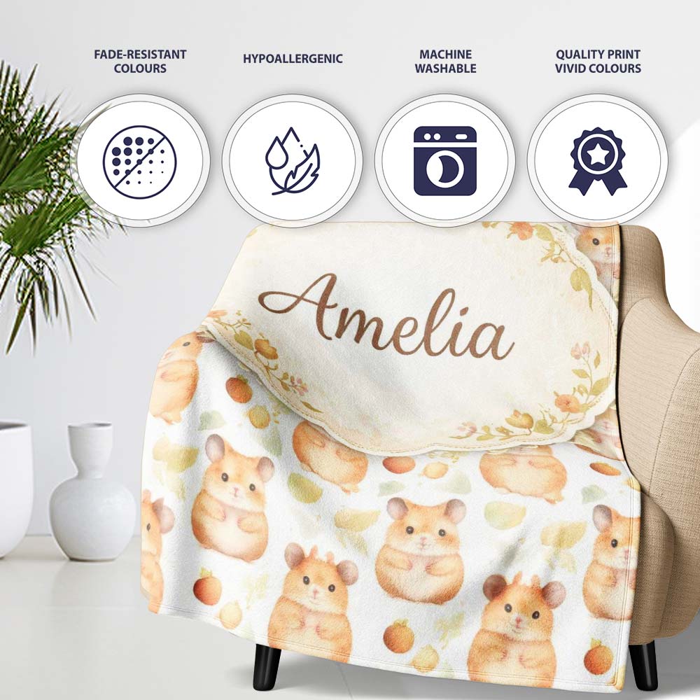 Watercolor Hamster Fruit Snack Seamless Pattern Thoughtful Gift Idea Personalised Custom Name Super Soft Fleece Blanket Bed Sofa Throw