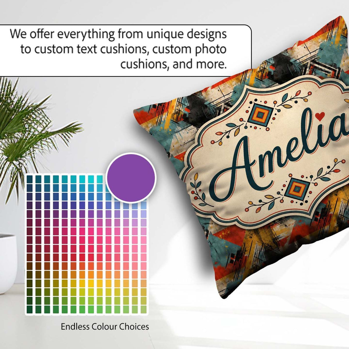 Custom Name Modern Abstract Geometric Paint Texture Pattern Name Square Filled Cushion Throw Pillow Sofa Bed Home Decor Zip Washable UK Made