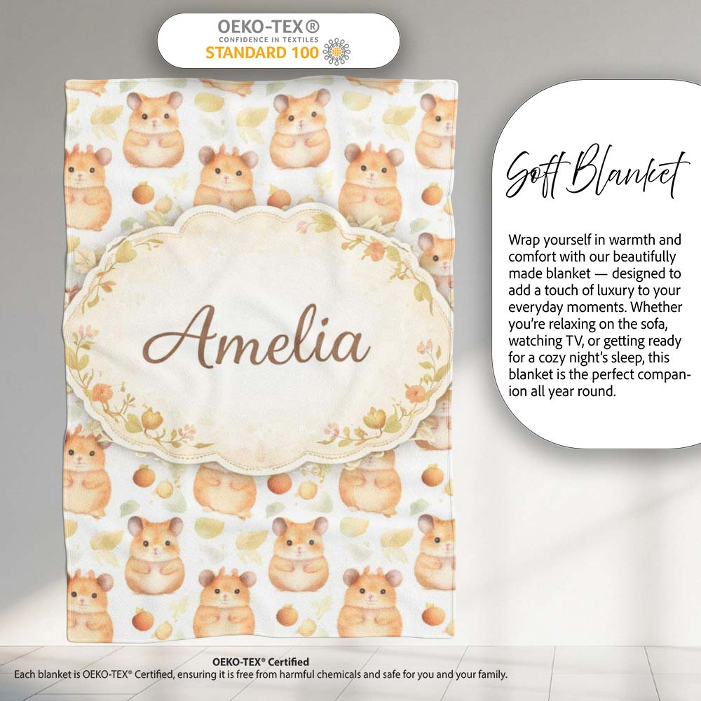 Watercolor Hamster Fruit Snack Seamless Pattern Thoughtful Gift Idea Personalised Custom Name Super Soft Fleece Blanket Bed Sofa Throw