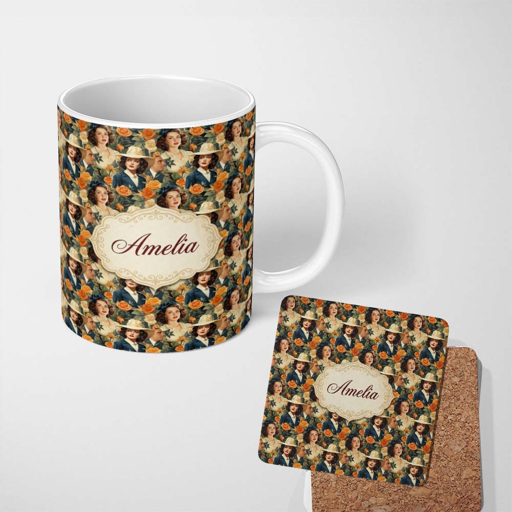 Personalized Custom Name Vintage Elegant Women Portrait Floral Seamless Pattern Name Cute 11oz Ceramic Coffee Tea Mug White Large Handle