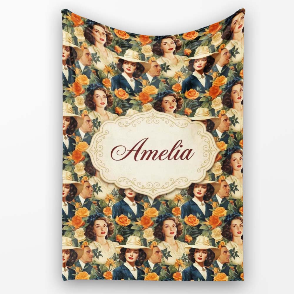 Vintage Elegant Women Portrait Floral Seamless Pattern Name Cute Personalised Custom Name Super Soft Fleece Blanket Bed Sofa Throw