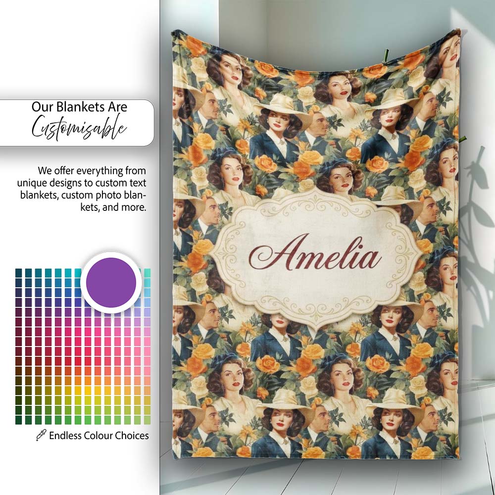 Vintage Elegant Women Portrait Floral Seamless Pattern Name Cute Personalised Custom Name Super Soft Fleece Blanket Bed Sofa Throw