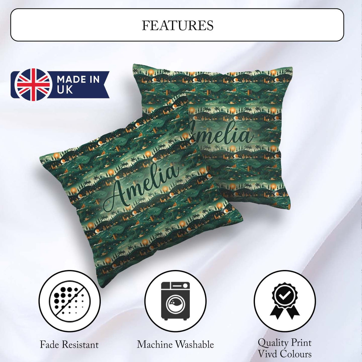 Custom Name Scenic Landscape City Night Seamless Pattern Name Square Filled Cushion Throw Pillow Sofa Bed Home Decor Zip Washable UK Made