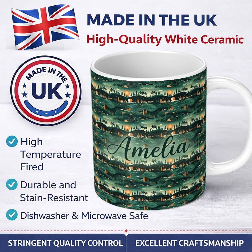 Personalized Custom Name Scenic Landscape City Night Seamless Pattern Name Cute Unique Gift 11oz Ceramic Coffee Tea Mug White Large Handle