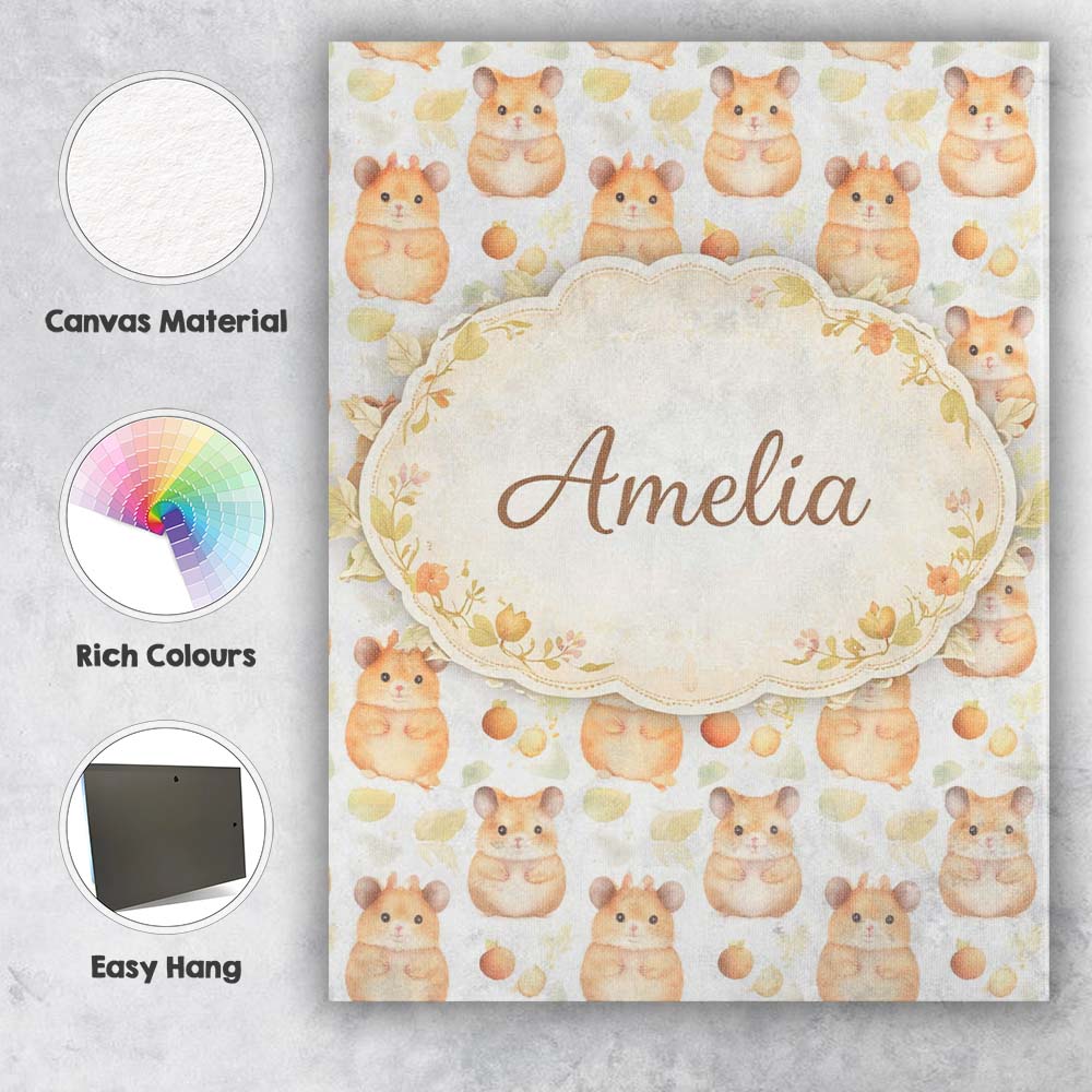 Personalised Name Watercolor Hamster Fruit Snack Seamless Pattern Custom Bespoke Canvas Wall Art Print Decor Picture Ready to Hang