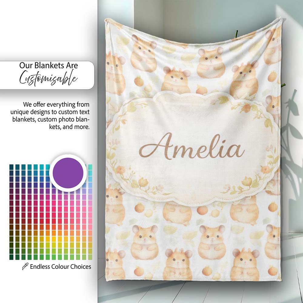 Watercolor Hamster Fruit Snack Seamless Pattern Thoughtful Gift Idea Personalised Custom Name Super Soft Fleece Blanket Bed Sofa Throw