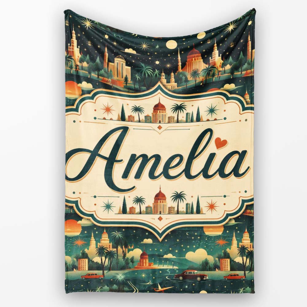 Vintage City Skyline Night Travel Seamless Pattern Name Cute Unique Personalised Custom Name Super Soft Fleece Blanket Bed Sofa Throw