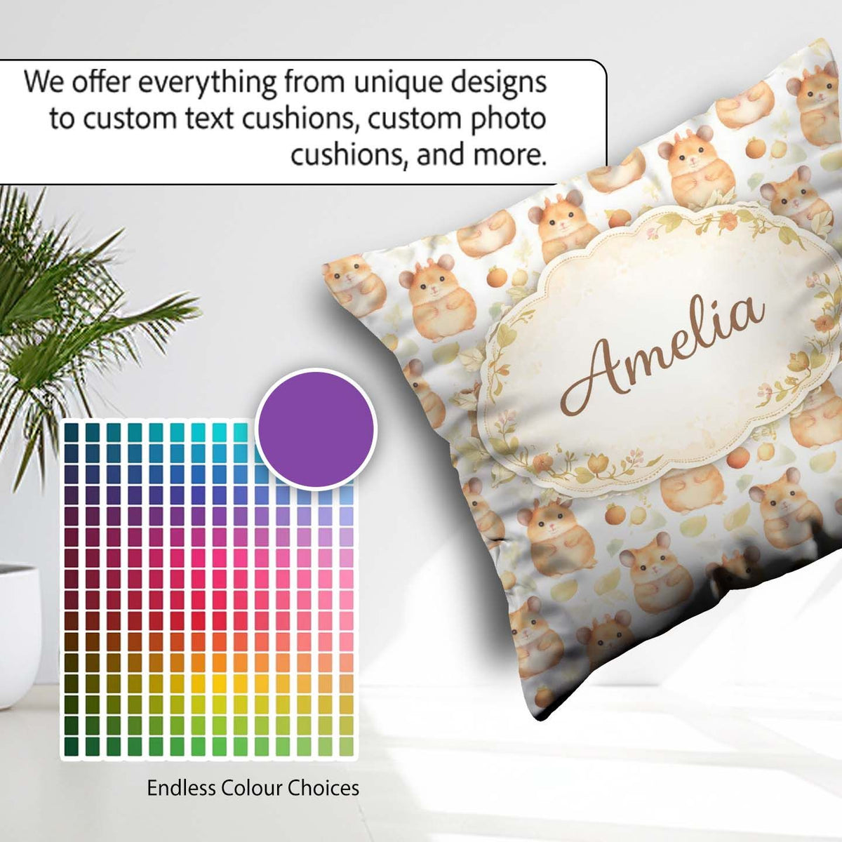 Custom Name Watercolor Hamster Fruit Snack Seamless Pattern Idea Square Filled Cushion Throw Pillow Sofa Bed Home Decor Zip Washable UK Made