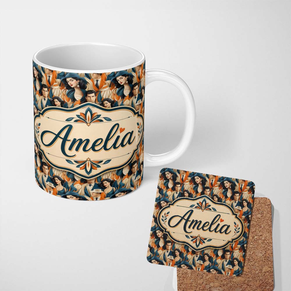 Personalized Custom Name Art Deco Fashion Couple Stylish Seamless Pattern Name Cute Unique 11oz Ceramic Coffee Tea Mug White Large Handle