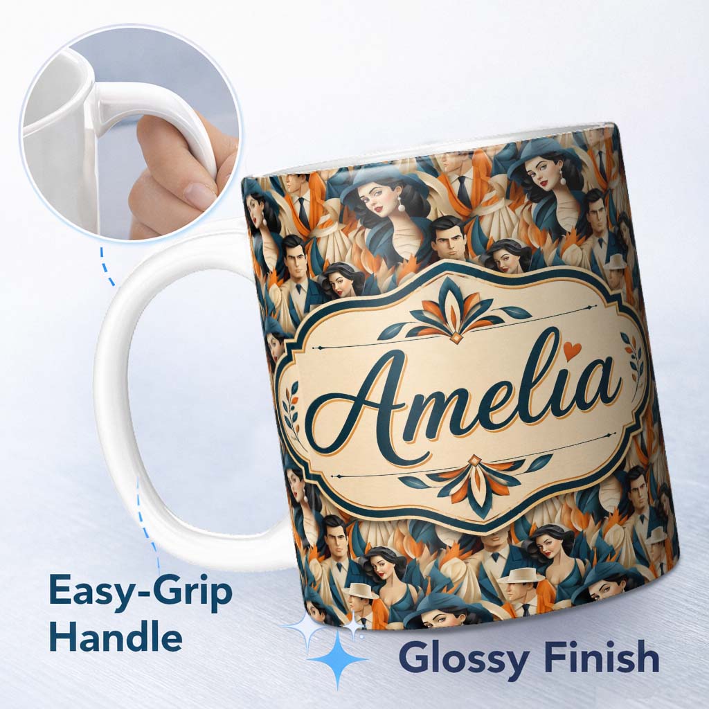 Personalized Custom Name Art Deco Fashion Couple Stylish Seamless Pattern Name Cute Unique 11oz Ceramic Coffee Tea Mug White Large Handle