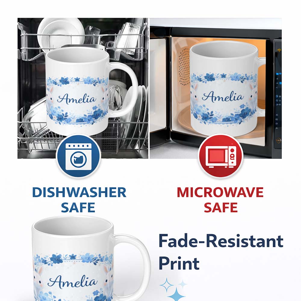 Personalized Custom Name Cute Blue Floral Bunny Illustration Seamless Pattern Lovely 11oz Ceramic Coffee Tea Mug White Large Handle