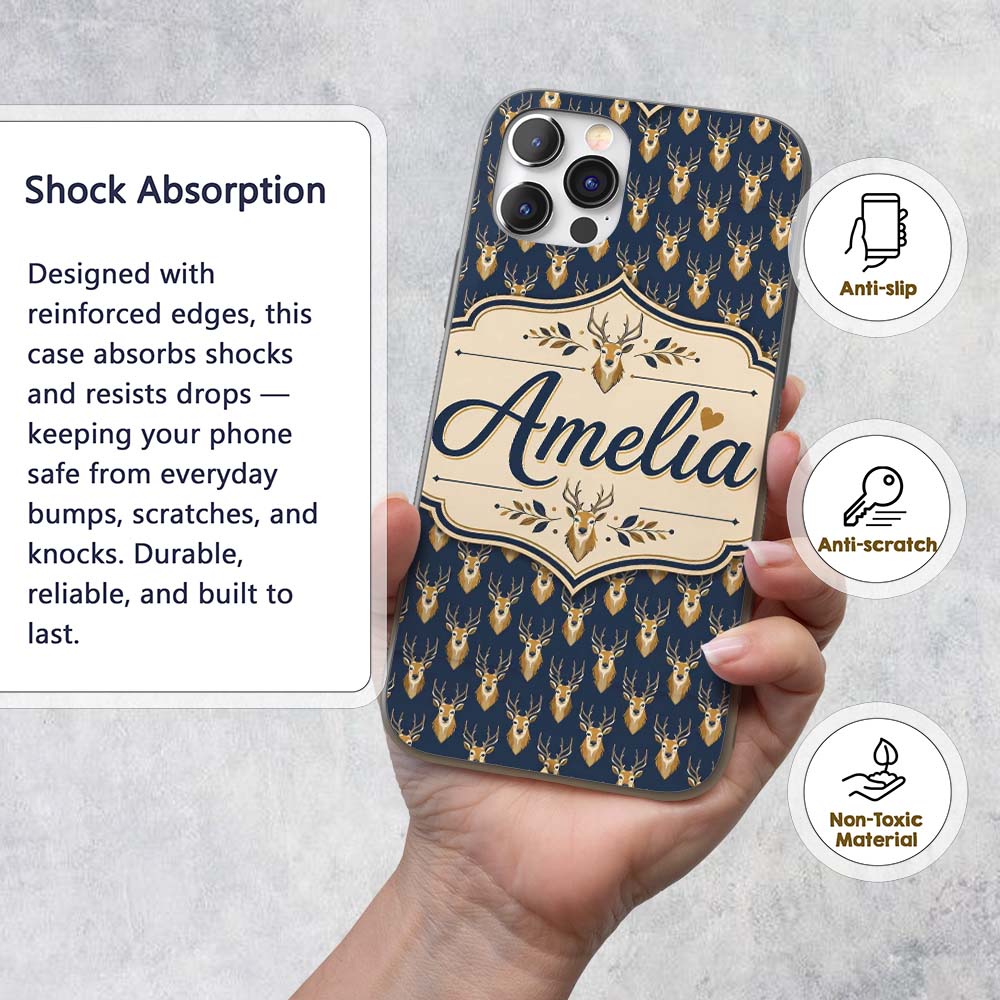 Minimal Deer Head Antlers Repeating Seamless Custom Name Protective Phone Case Mobile Cover Durable Everyday Smartphone Shock Resistant