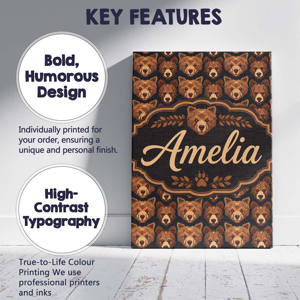 Personalised Name Brown Bear Faces Wildlife Custom Bespoke Interior Contemporary Canvas Wall Art Print Decor Picture Ready to Hang