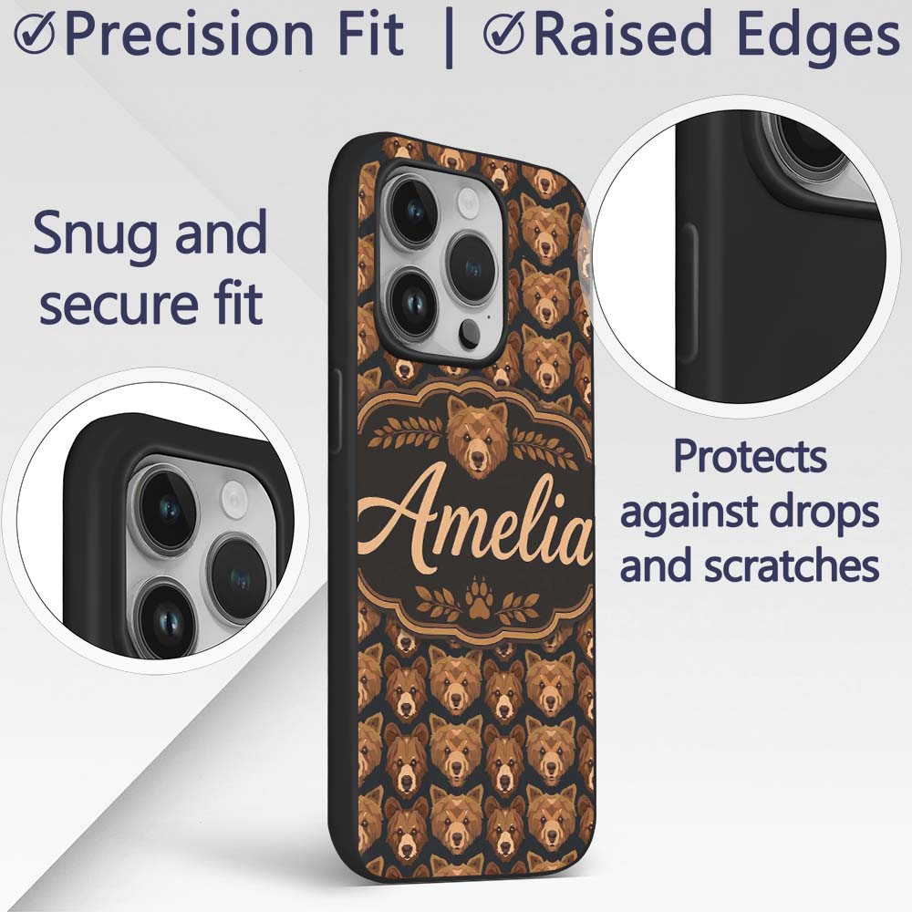 Brown Bear Faces Wildlife Animal Seamless Pattern Custom Name Protective Phone Case Mobile Cover Durable Everyday Smartphone Shock Resistant