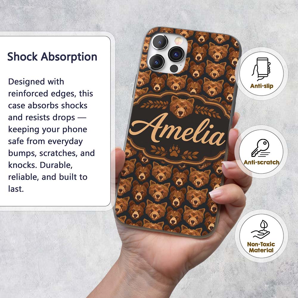Brown Bear Faces Wildlife Animal Seamless Pattern Custom Name Protective Phone Case Mobile Cover Durable Everyday Smartphone Shock Resistant