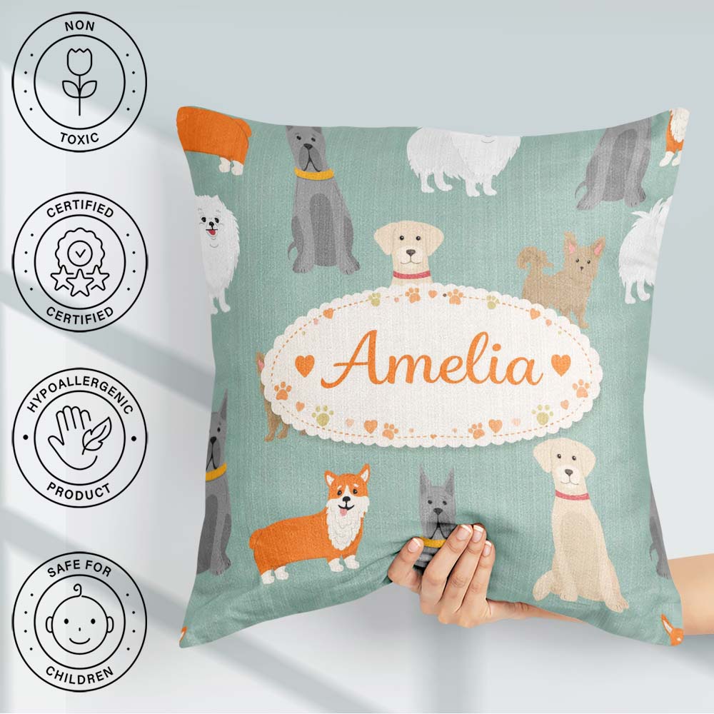 Custom Name Mixed Dog Breeds Cute Pets Green Background Seamless Square Filled Cushion Throw Pillow Sofa Bed Home Decor Zip Washable UK Made