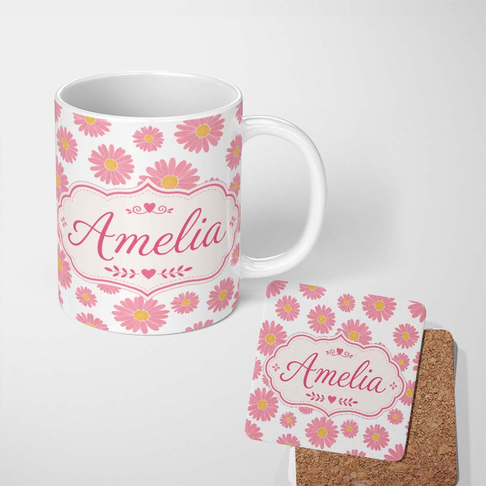 Personalized Custom Name Pink Daisy Floral Pattern with Yellow Centers on Grey Background 11oz Ceramic Coffee Tea Mug White Large Handle