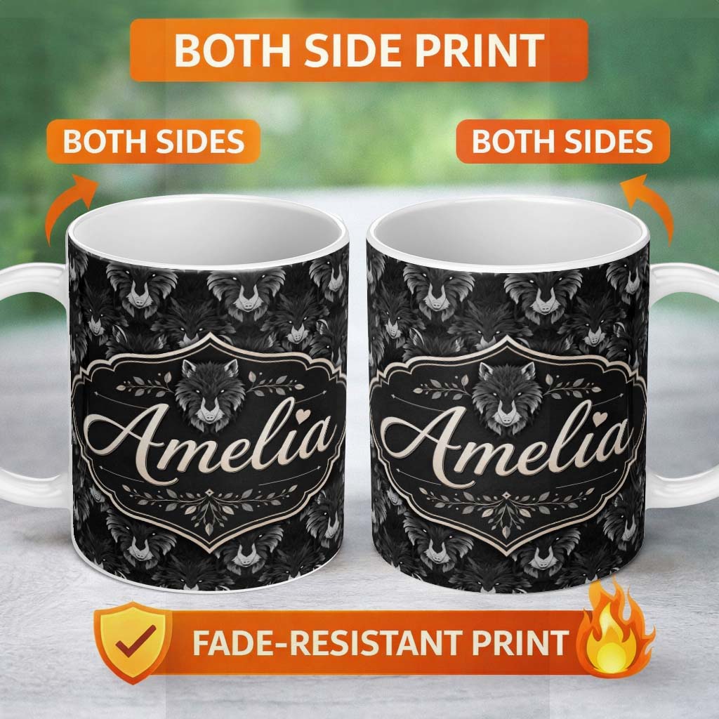 Personalized Custom Name Dark Wolf Faces Mystical Animal Seamless Pattern Name Cute Unique 11oz Ceramic Coffee Tea Mug White Large Handle