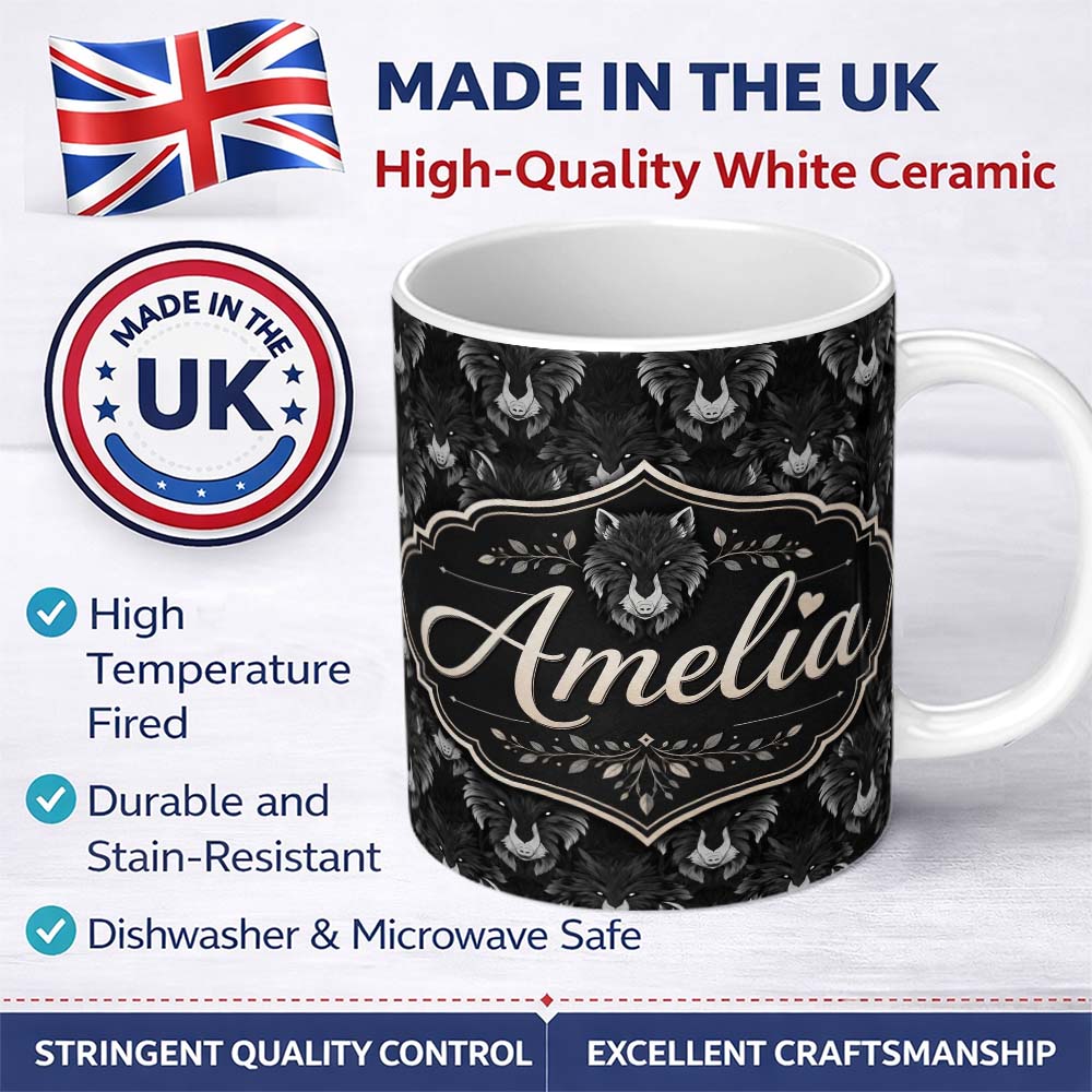 Personalized Custom Name Dark Wolf Faces Mystical Animal Seamless Pattern Name Cute Unique 11oz Ceramic Coffee Tea Mug White Large Handle