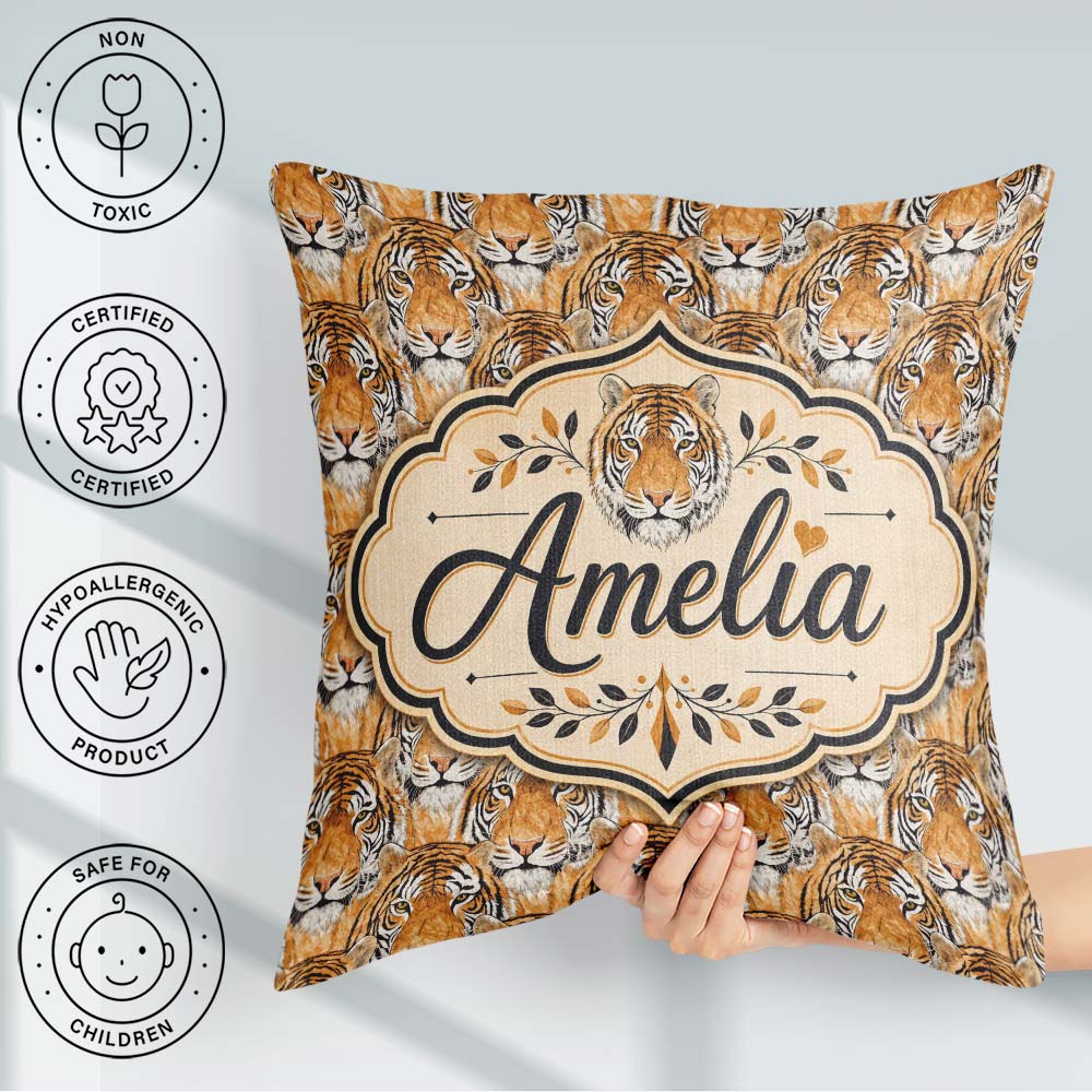 Custom Name Realistic Tiger Faces Wildlife Seamless Pattern Name Square Filled Cushion Throw Pillow Sofa Bed Home Decor Zip Washable UK Made