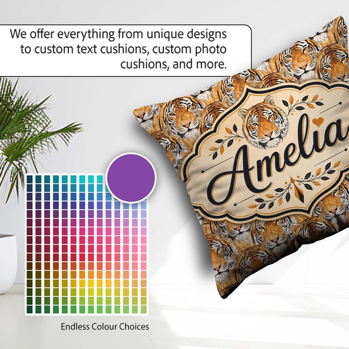 Custom Name Realistic Tiger Faces Wildlife Seamless Pattern Name Square Filled Cushion Throw Pillow Sofa Bed Home Decor Zip Washable UK Made