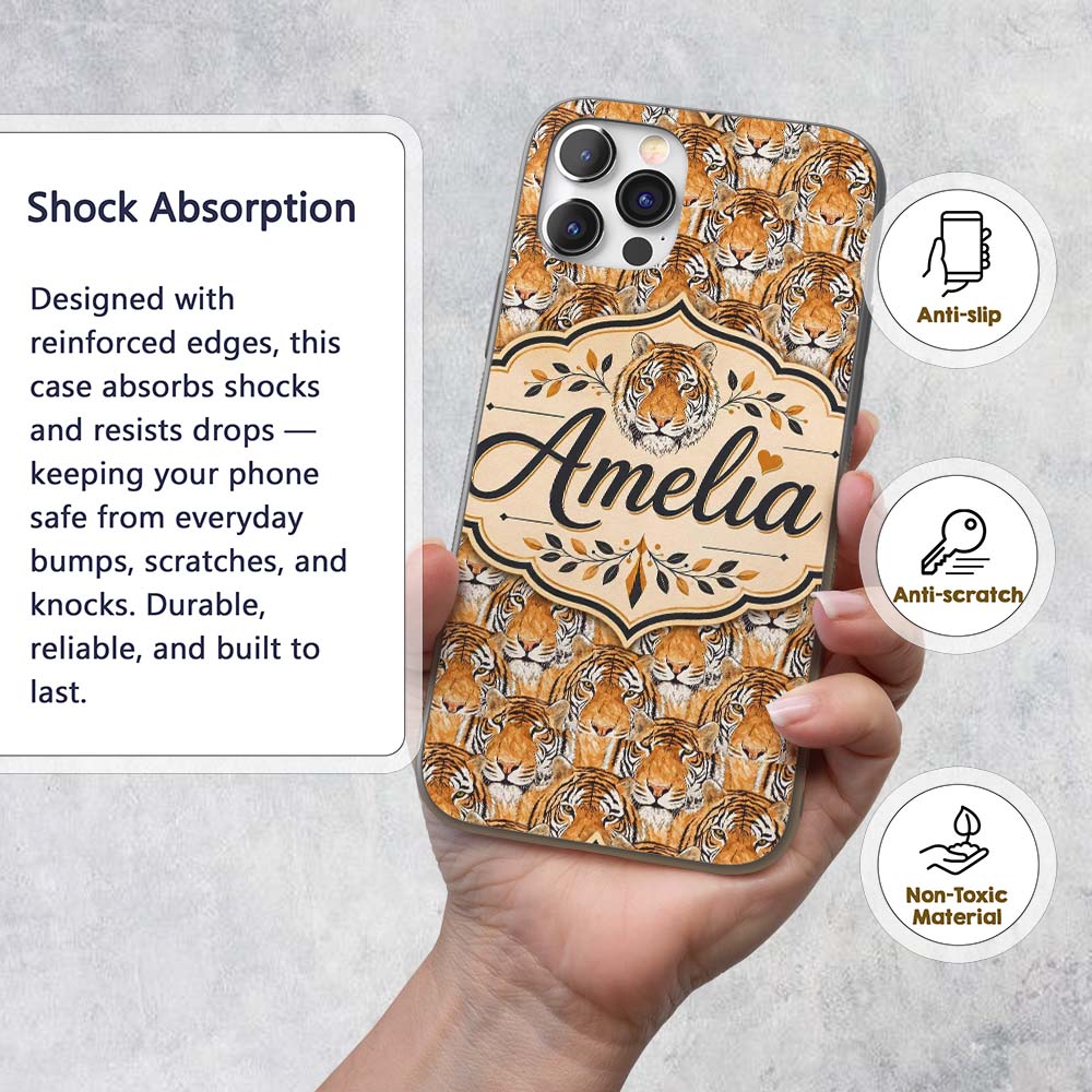 Realistic Tiger Faces Wildlife Animal Seamless Custom Name Protective Phone Case Mobile Cover Durable Everyday Smartphone Shock Resistant