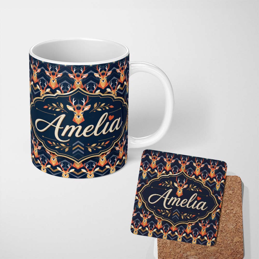 Personalized Custom Name Stylized Deer Head Antlers Geometric Seamless Pattern Name Cute 11oz Ceramic Coffee Tea Mug White Large Handle