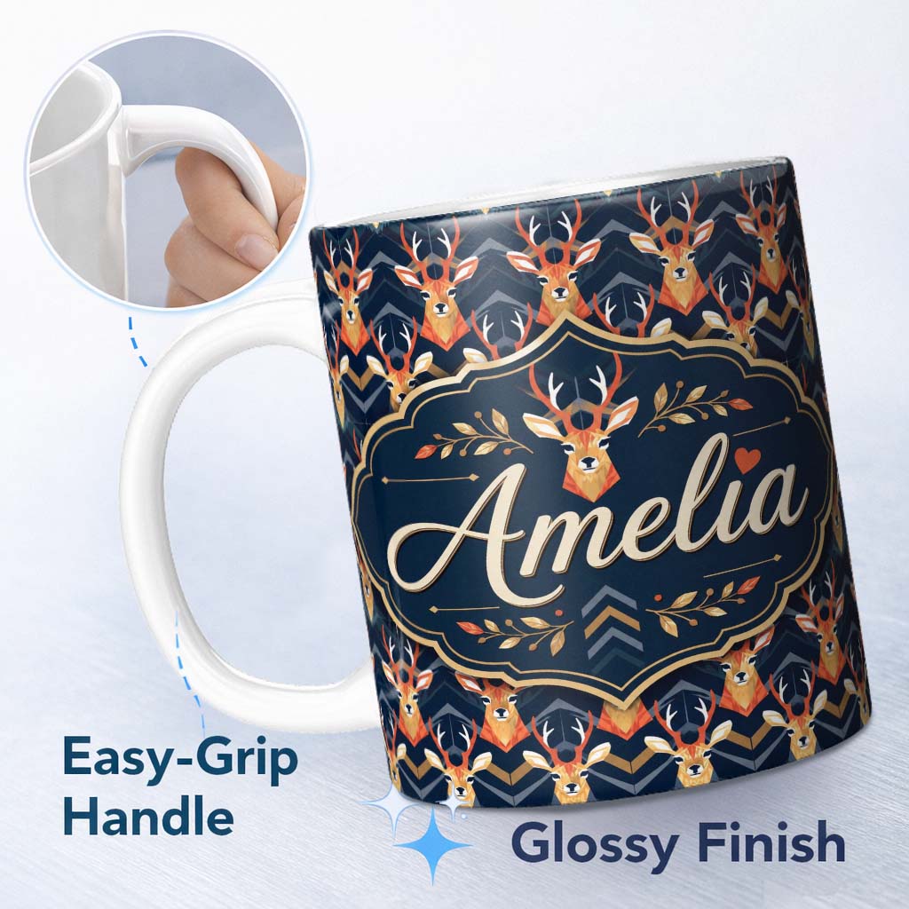 Personalized Custom Name Stylized Deer Head Antlers Geometric Seamless Pattern Name Cute 11oz Ceramic Coffee Tea Mug White Large Handle